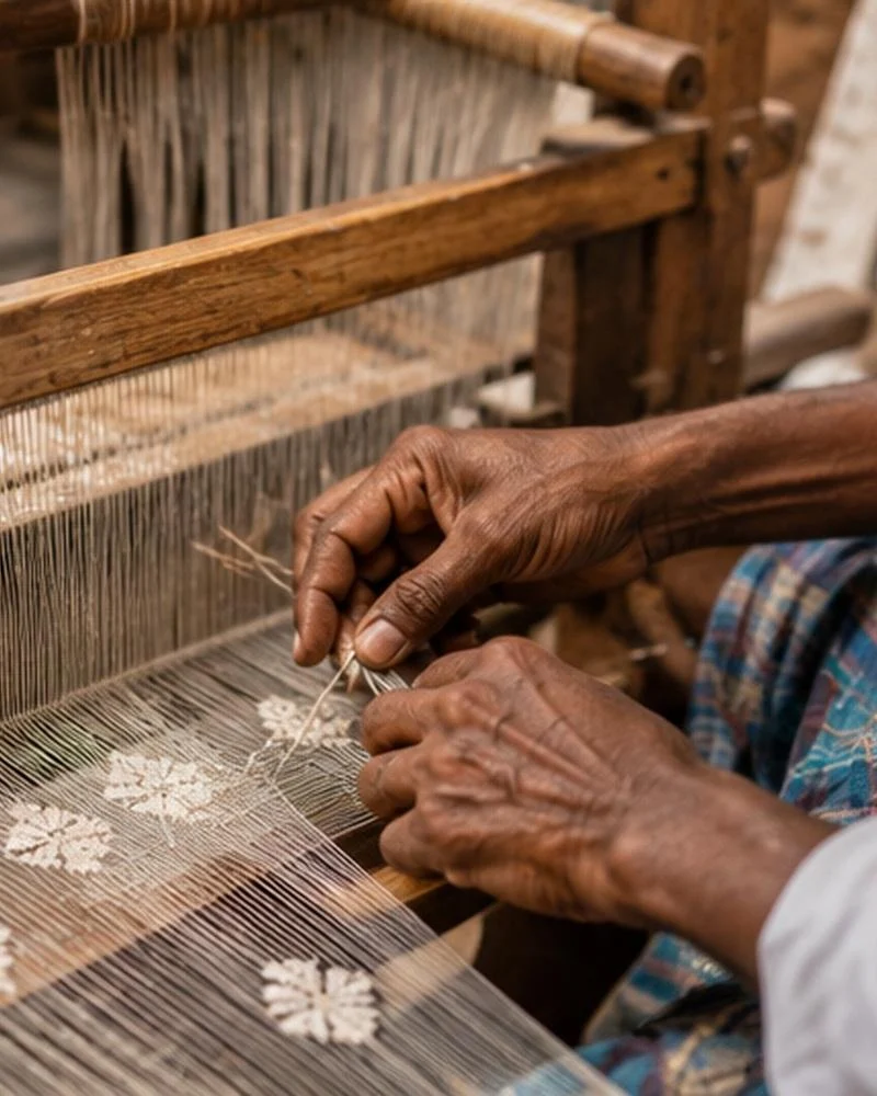 A weaver's hands guiding gold thread on a handloom