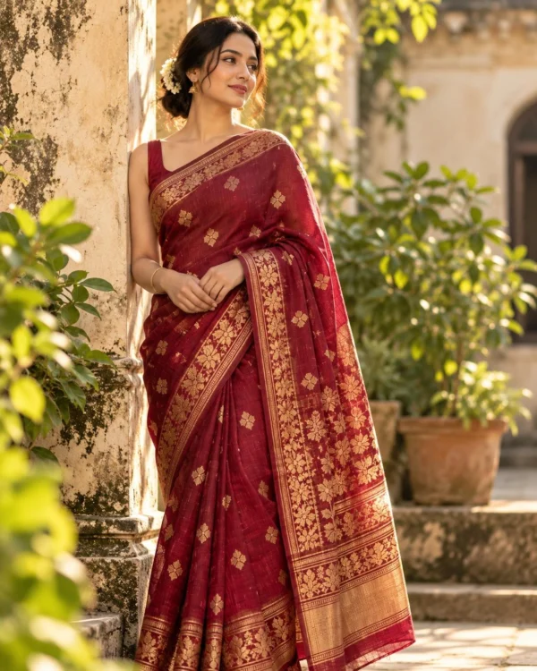 Maroon Dhakai Jamdani with Gold Buti, detail
