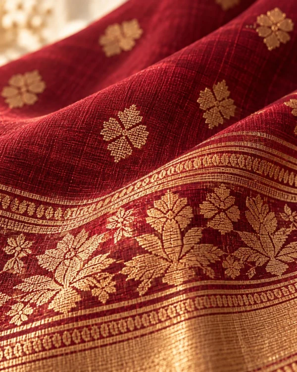 Maroon Dhakai Jamdani with Gold Buti, detail